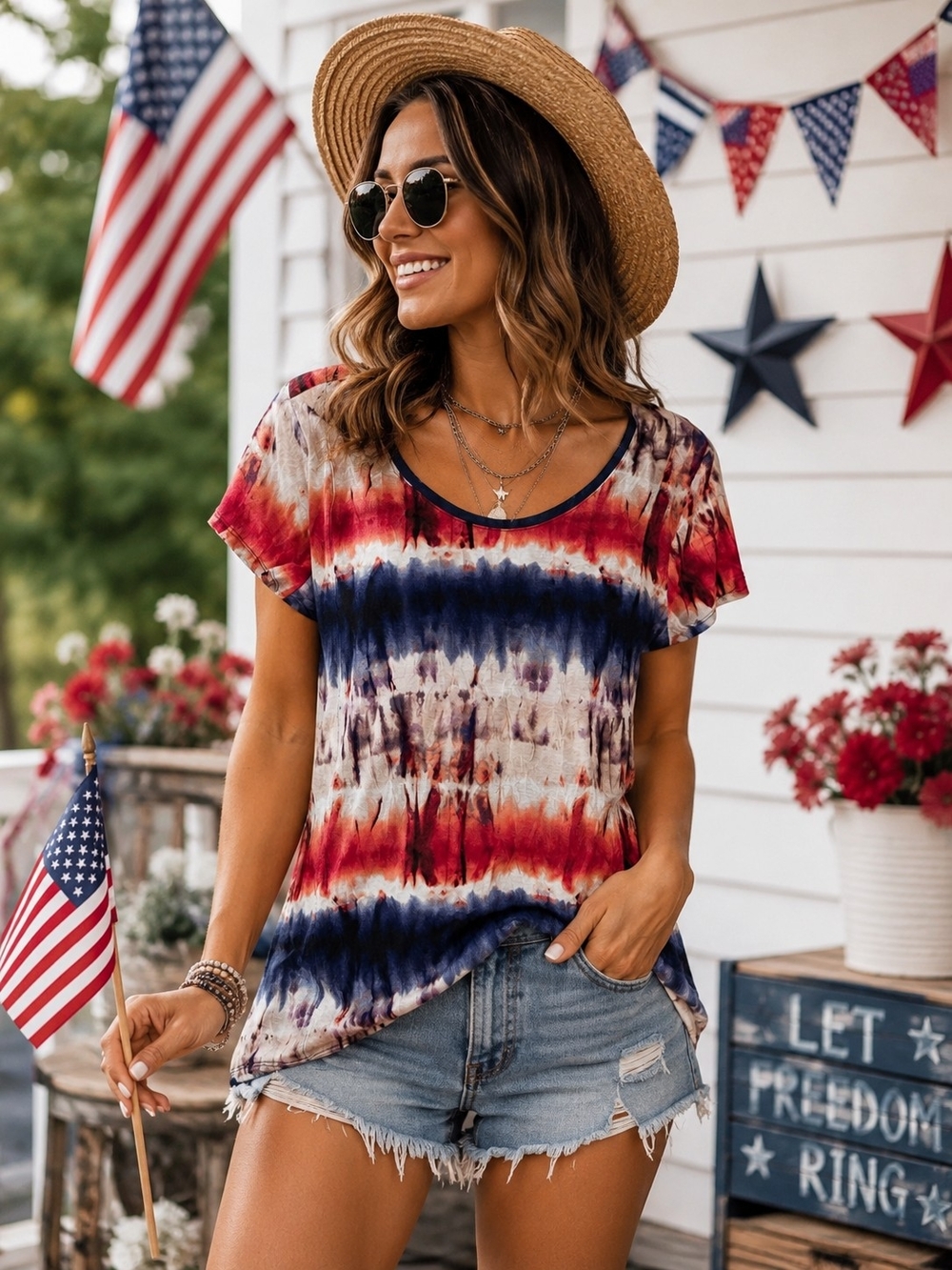 Vera Wang Red, Navy & Cream Tie-Dye Short Sleeve Tee